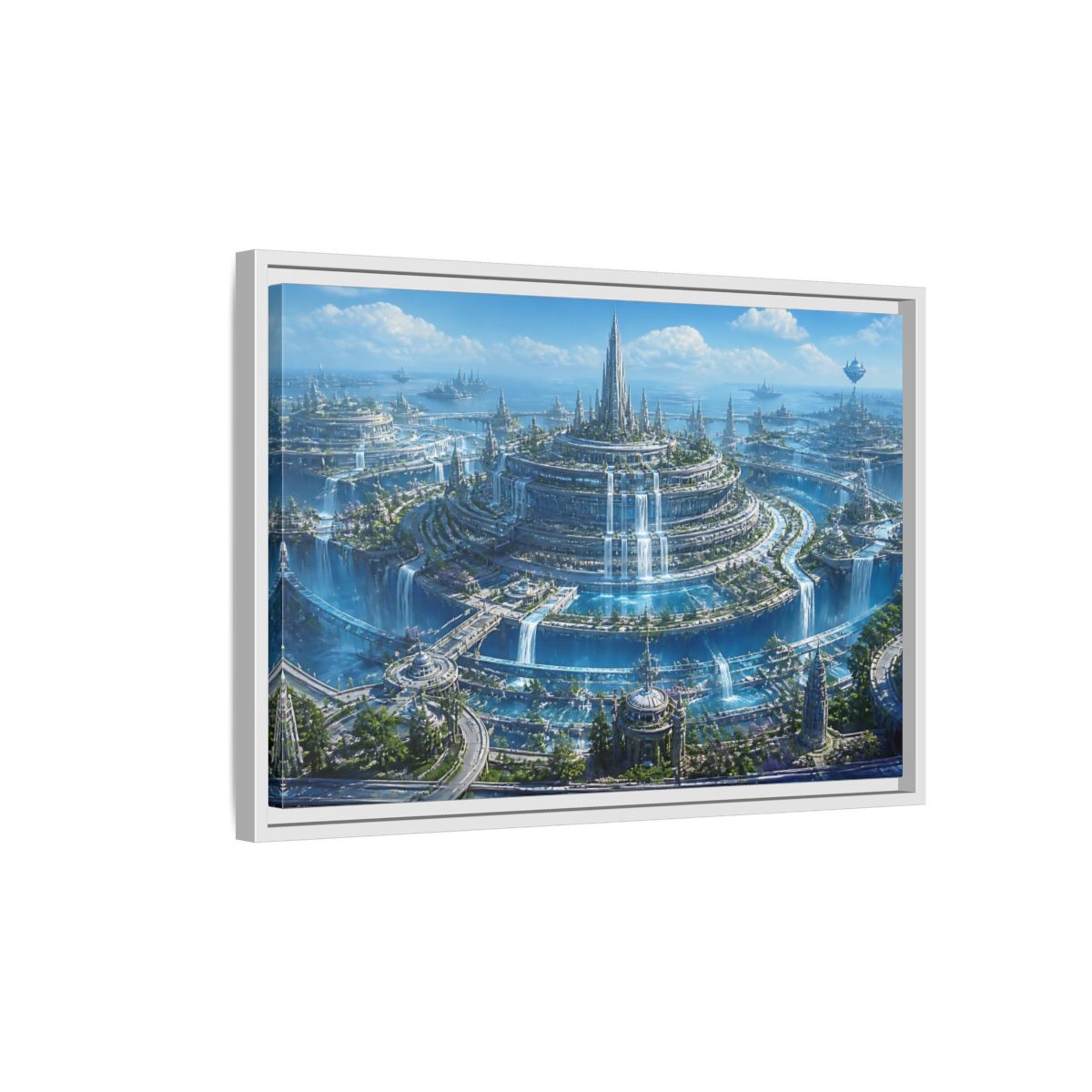 Side Mockup 1. Tiered Water City shown as framed canvas print