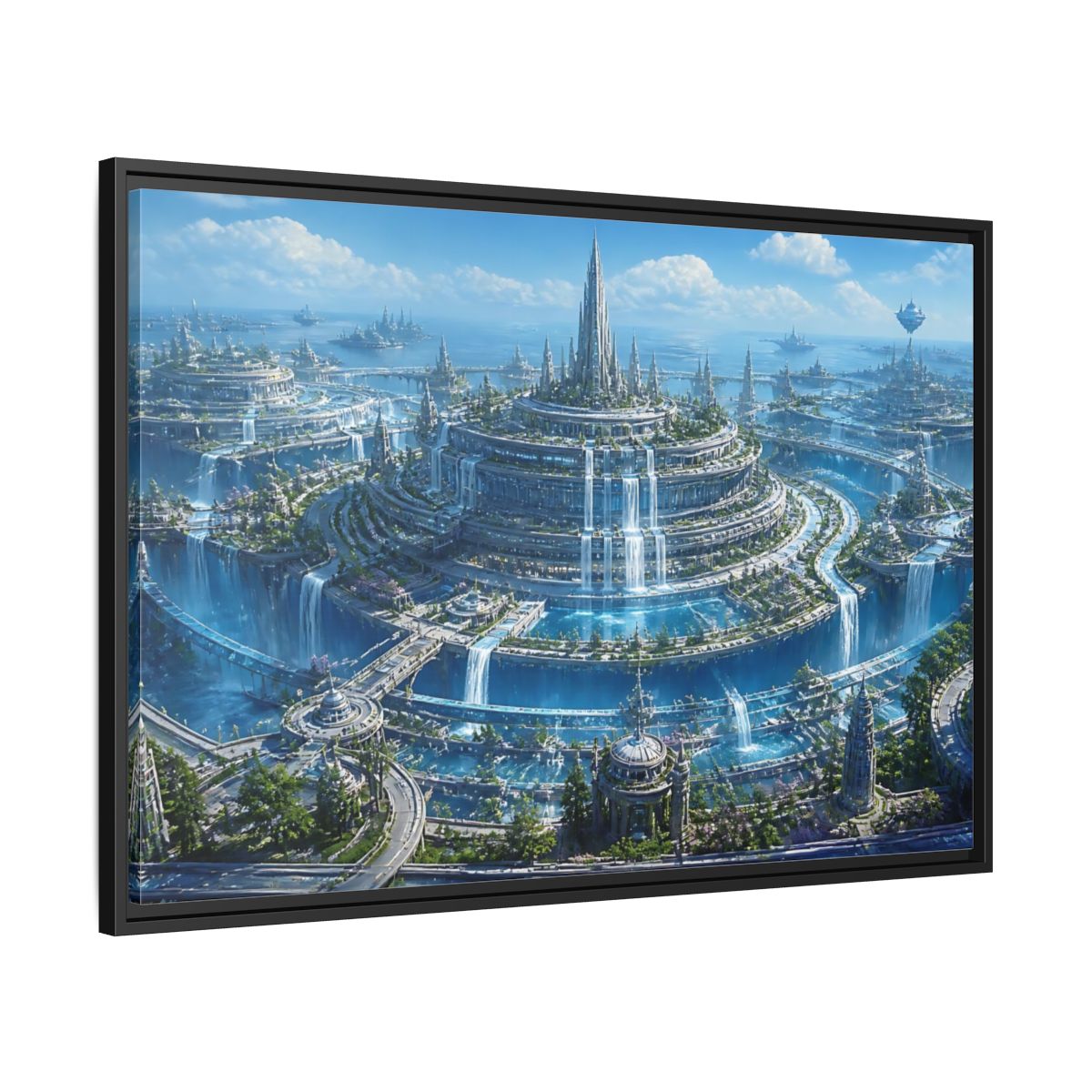 Side Mockup 13. Tiered Water City shown as framed canvas print
