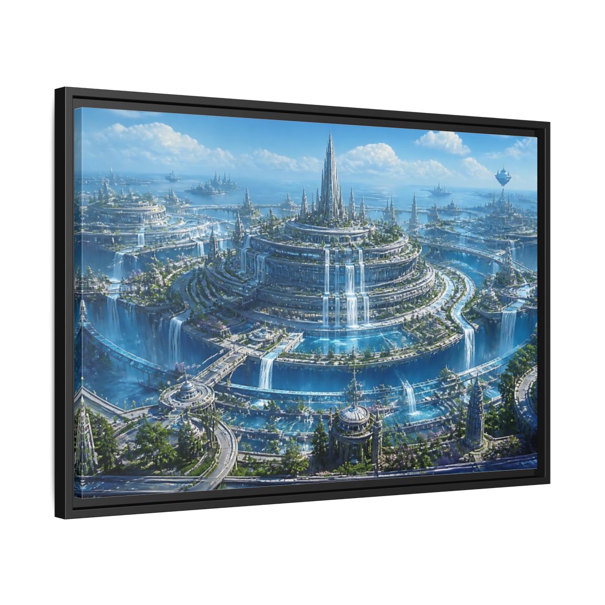 Side Mockup 14. Tiered Water City shown as framed canvas print