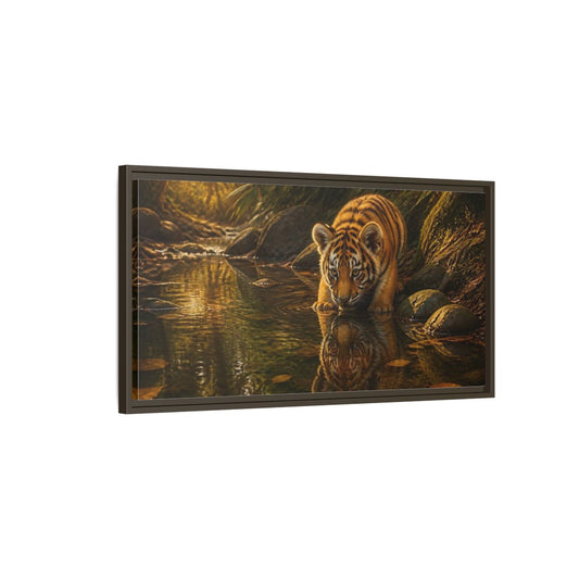 Main Mockup. Tiger Cub At Stream shown as framed canvas print