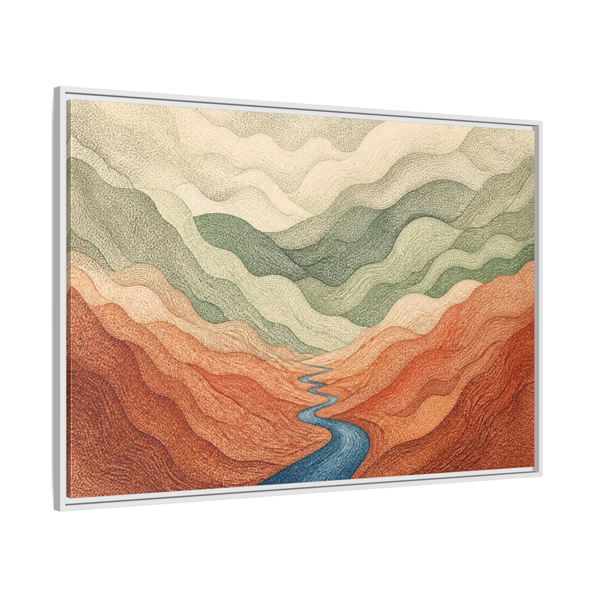 Side Mockup 7. Topographic River Valley shown as framed canvas print