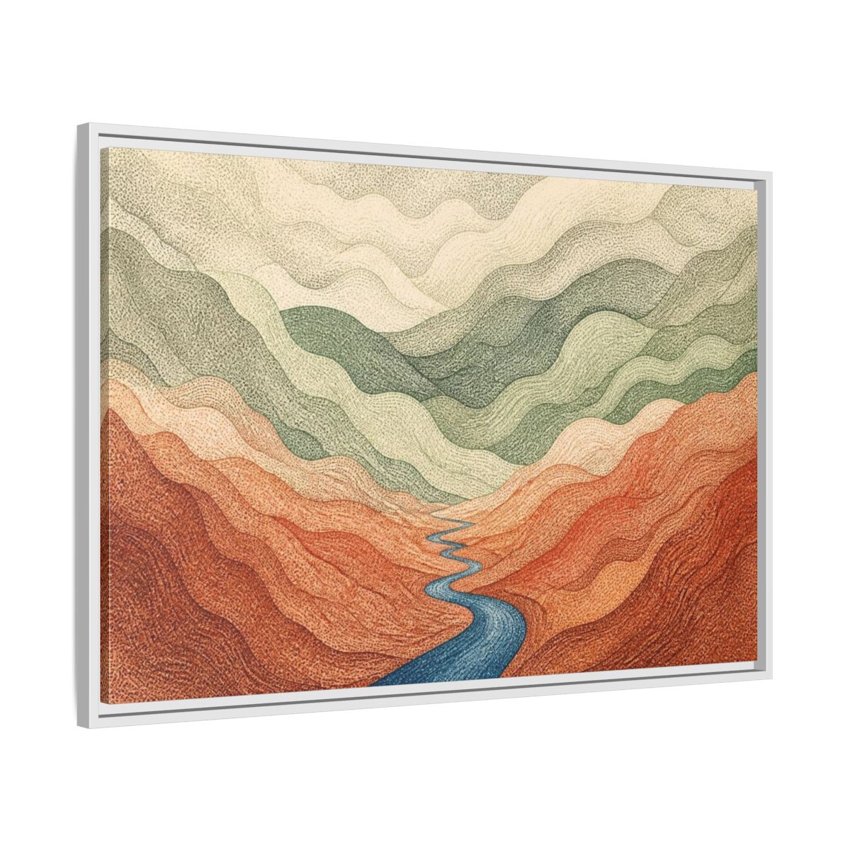 Side Mockup 9. Topographic River Valley shown as framed canvas print