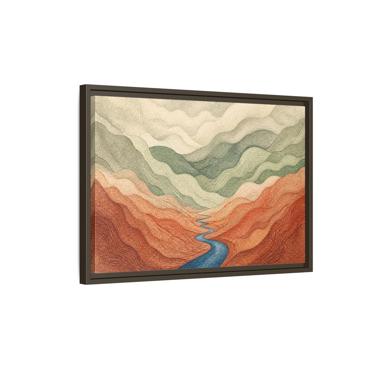 Side Mockup 2. Topographic River Valley shown as framed canvas print