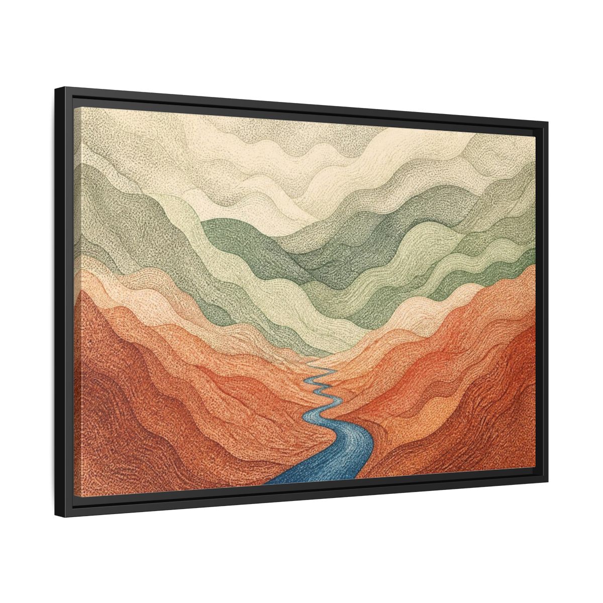 Side Mockup 14. Topographic River Valley shown as framed canvas print