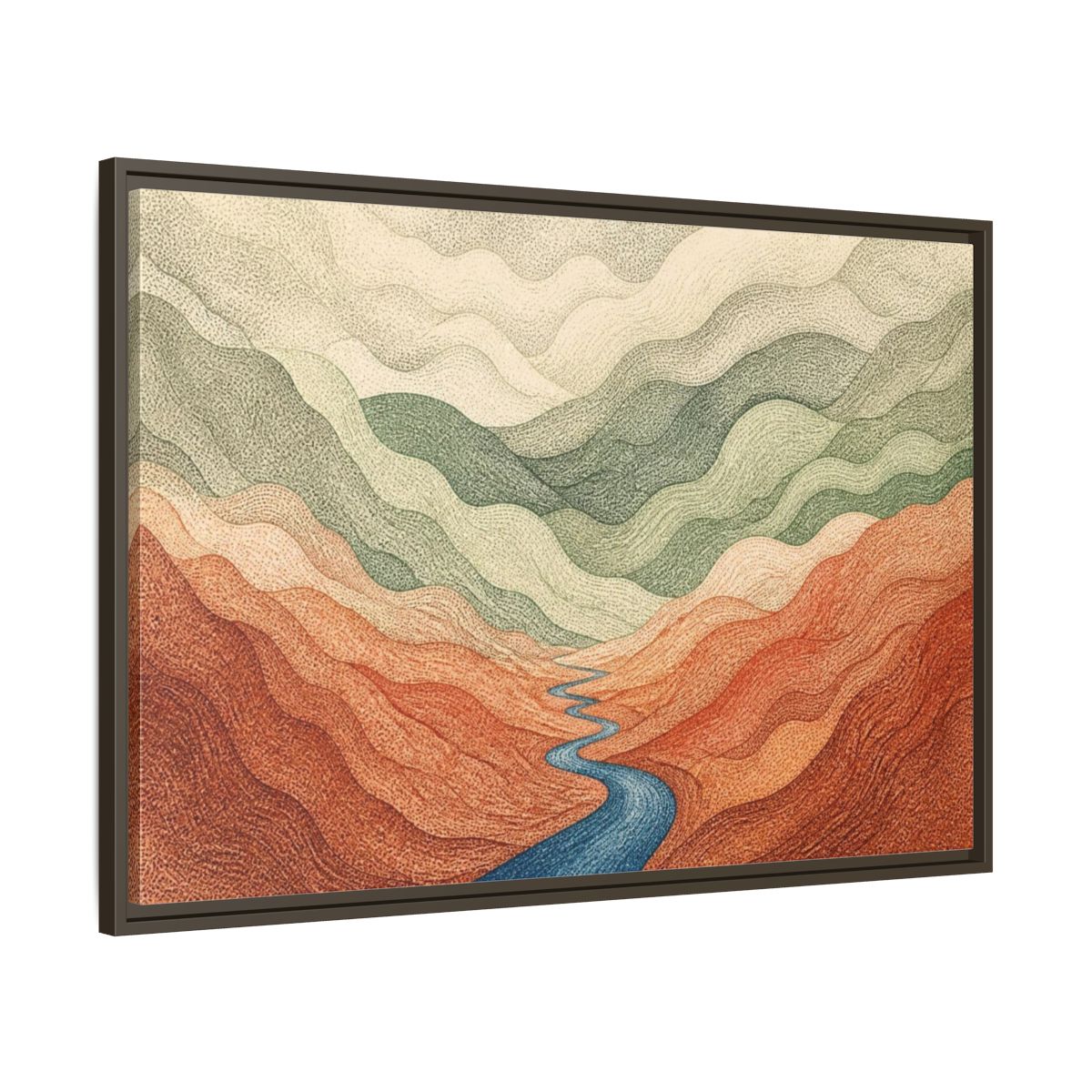 Main Mockup. Topographic River Valley shown as framed canvas print