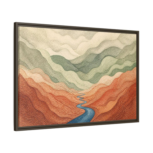 Main Mockup. Topographic River Valley shown as framed canvas print