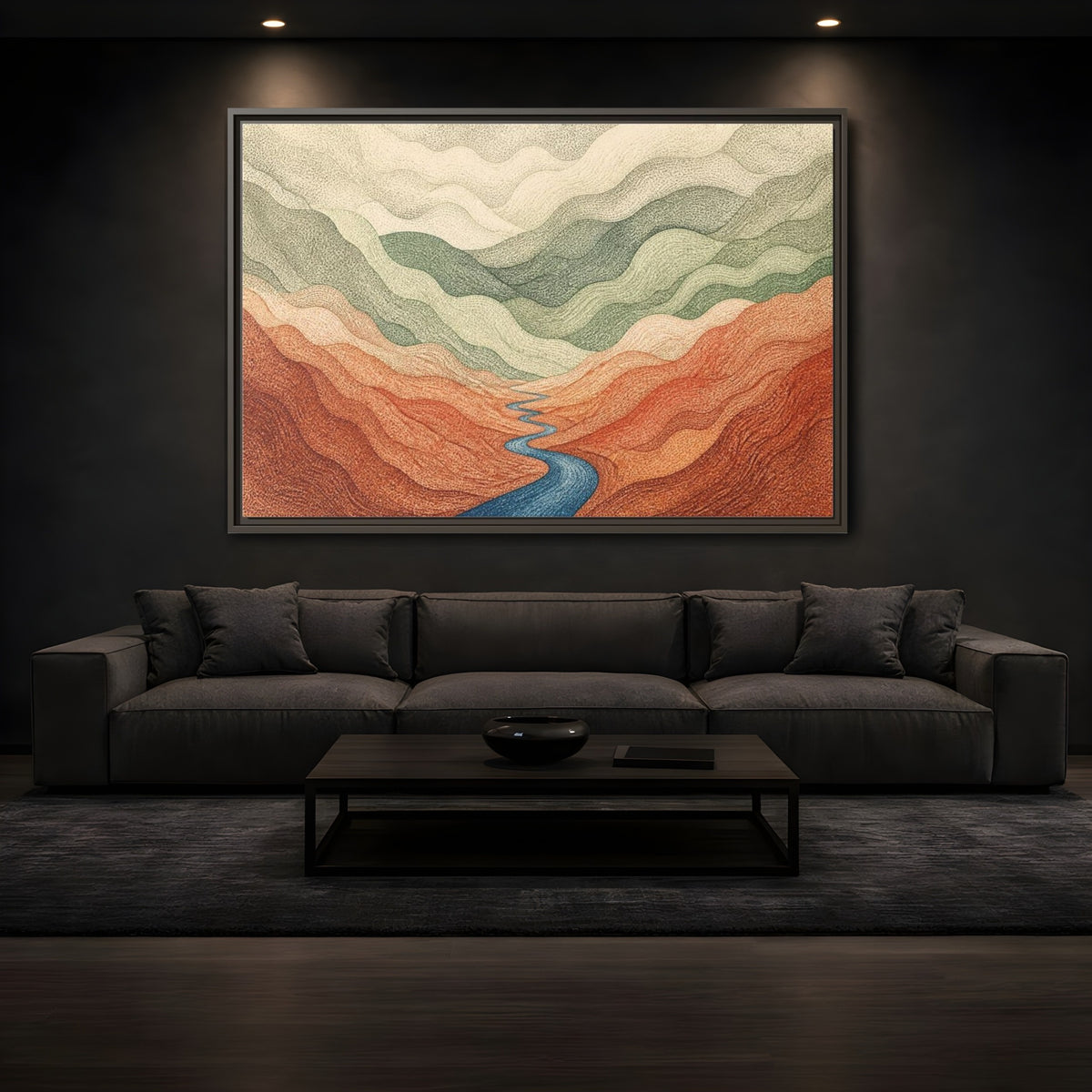 Mockup 3. Topographic River Valley shown as framed canvas print