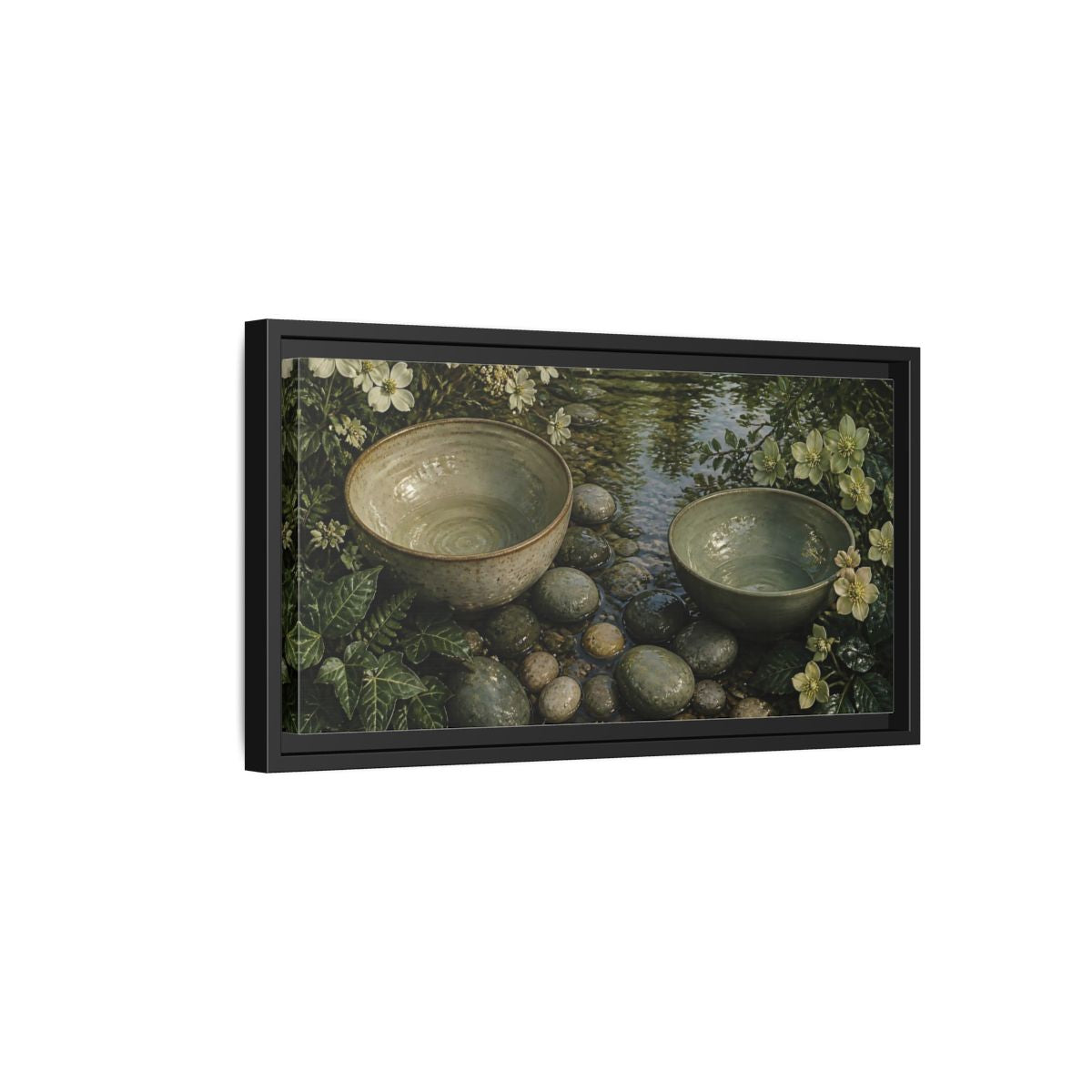 Side Mockup 8. Tranquil Ceramic Bowls shown as framed canvas print