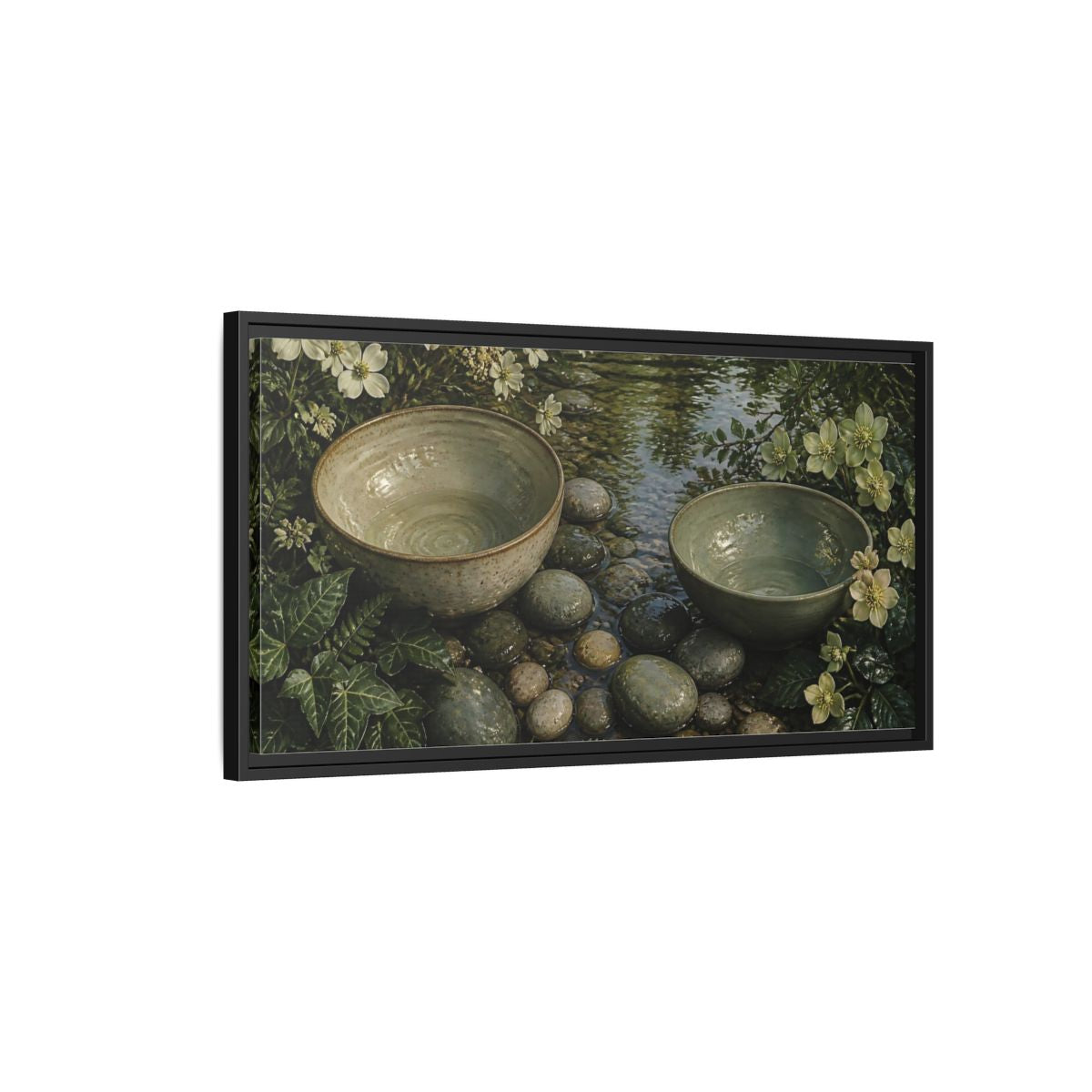 Side Mockup 2. Tranquil Ceramic Bowls shown as framed canvas print