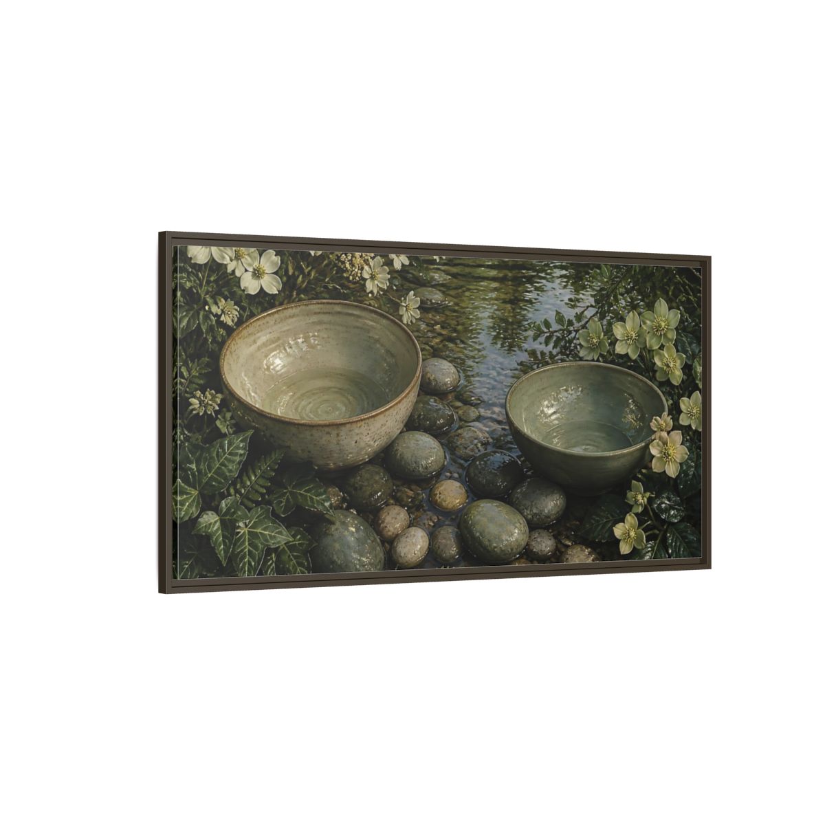Side Mockup 4. Tranquil Ceramic Bowls shown as framed canvas print