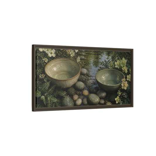 Main Mockup. Tranquil Ceramic Bowls shown as framed canvas print
