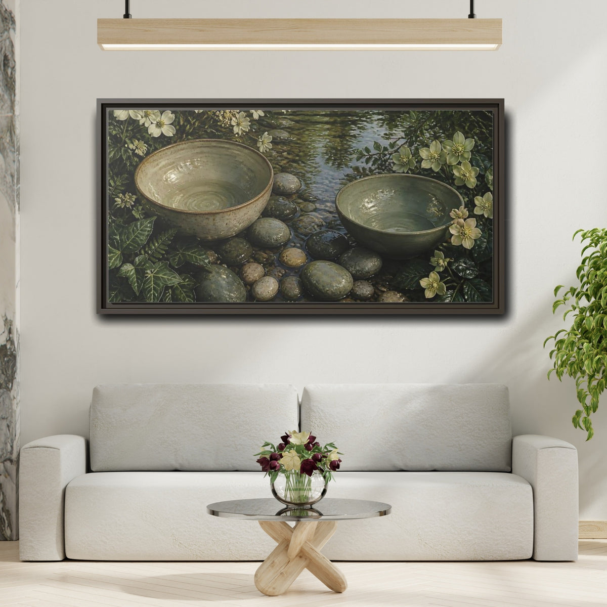 Mockup 2. Tranquil Ceramic Bowls shown as framed canvas print