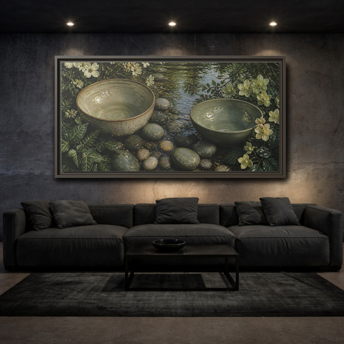 Mockup 3. Tranquil Ceramic Bowls shown as framed canvas print