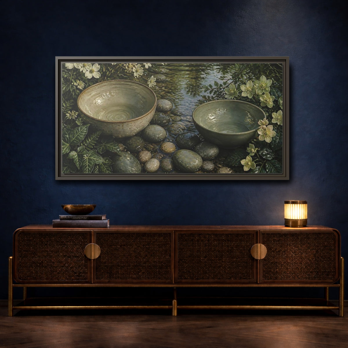 Mockup 4. Tranquil Ceramic Bowls shown as framed canvas print