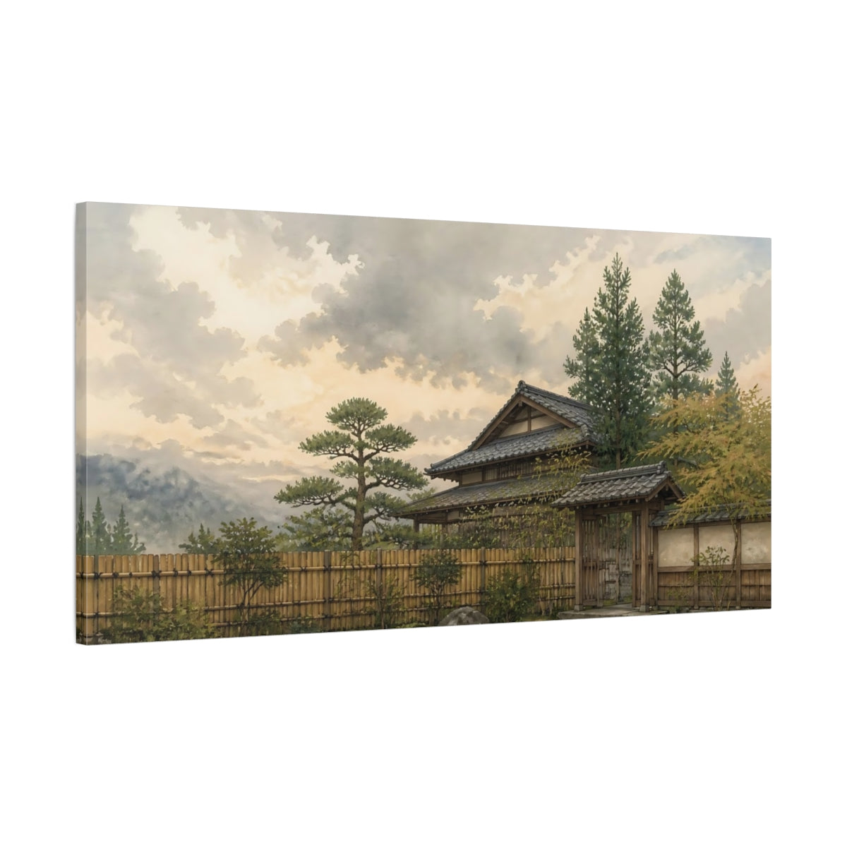 Main Mockup. Tranquil Japanese House Gate shown as canvas print