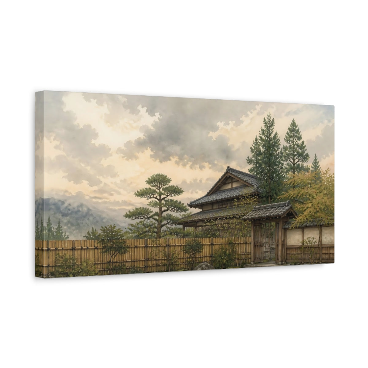 Side Mockup 3. Tranquil Japanese House Gate shown as canvas print