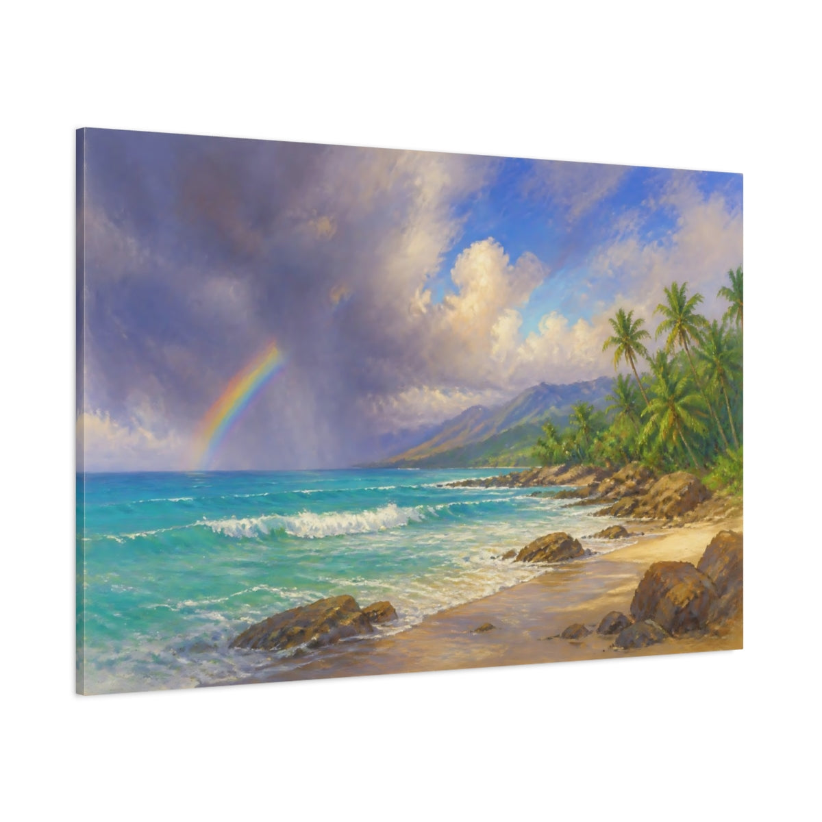 Side Mockup 1. Tropical Beach Landscape With Rainbow shown as canvas print