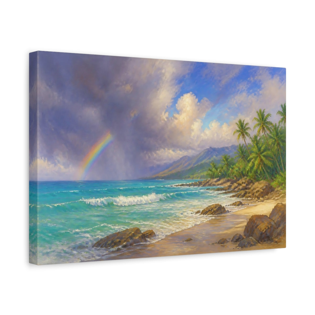 Side Mockup 4. Tropical Beach Landscape With Rainbow shown as canvas print