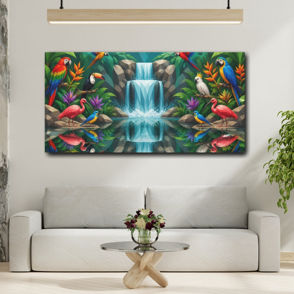 Mockup 2. Tropical Birds And Animals shown as canvas print