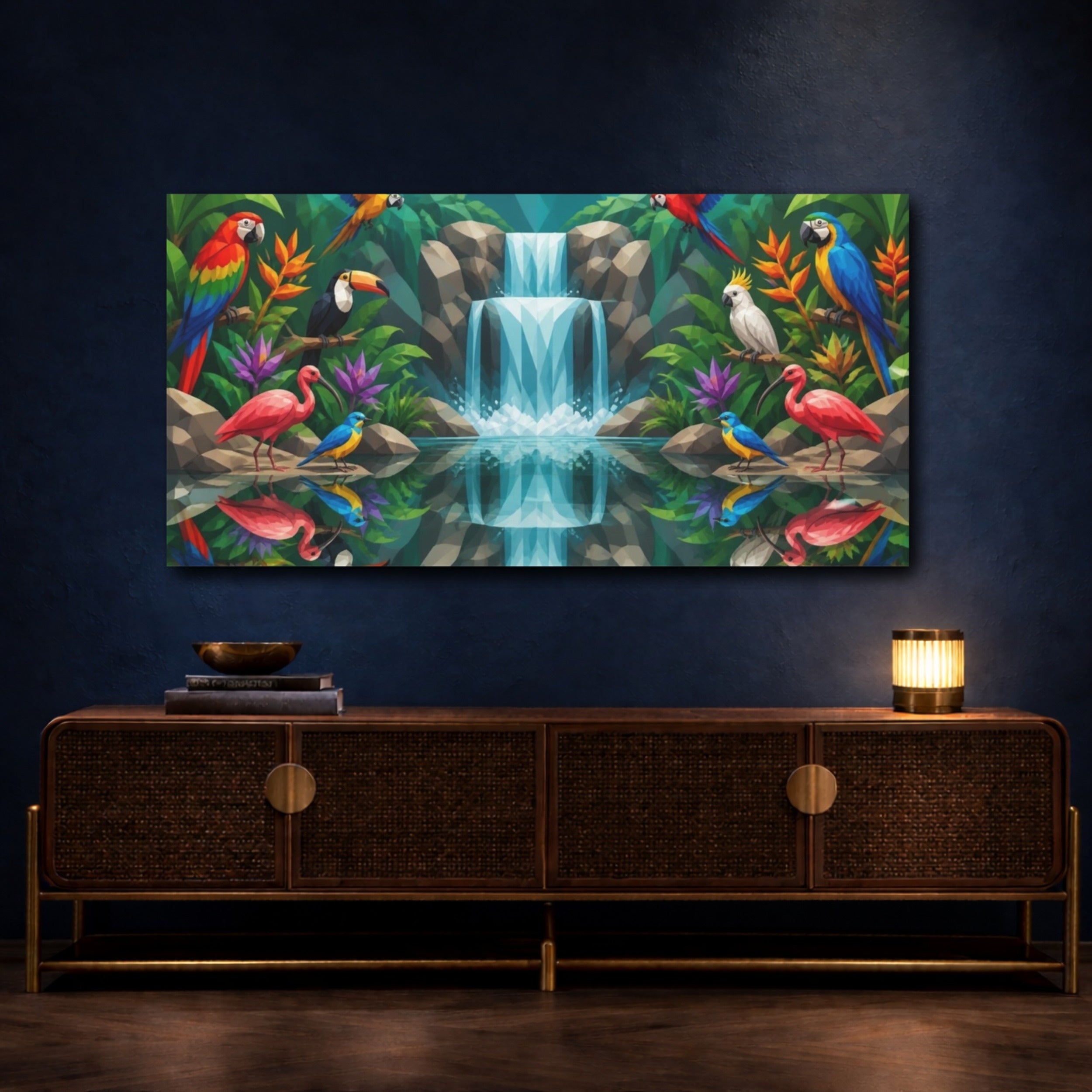 Mockup 4. Tropical Birds And Animals shown as canvas print
