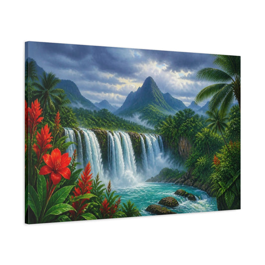 Main Mockup. Tropical Waterfall Landscape shown as canvas print