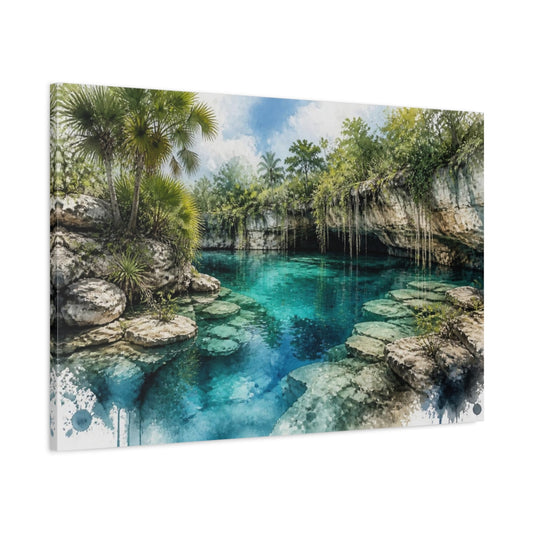 Main Mockup. Turquoise Cenote Landscape shown as canvas print