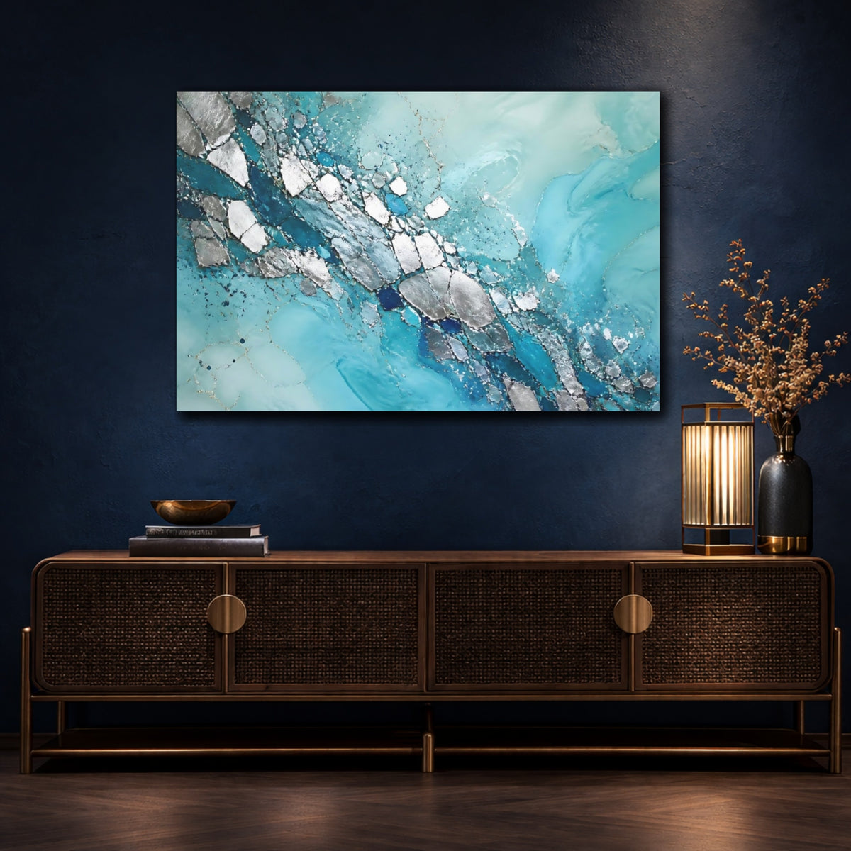 Mockup 4. Turquoise Metallic Veins shown as canvas print