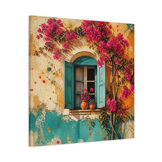Main Mockup. Turquoise Window With Bougainvillea shown as canvas print