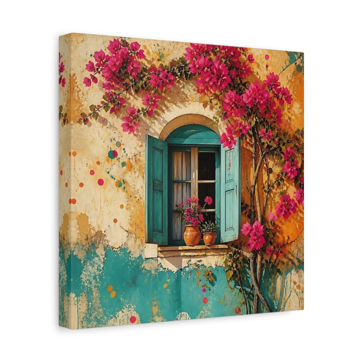 Side Mockup 8. Turquoise Window With Bougainvillea shown as canvas print