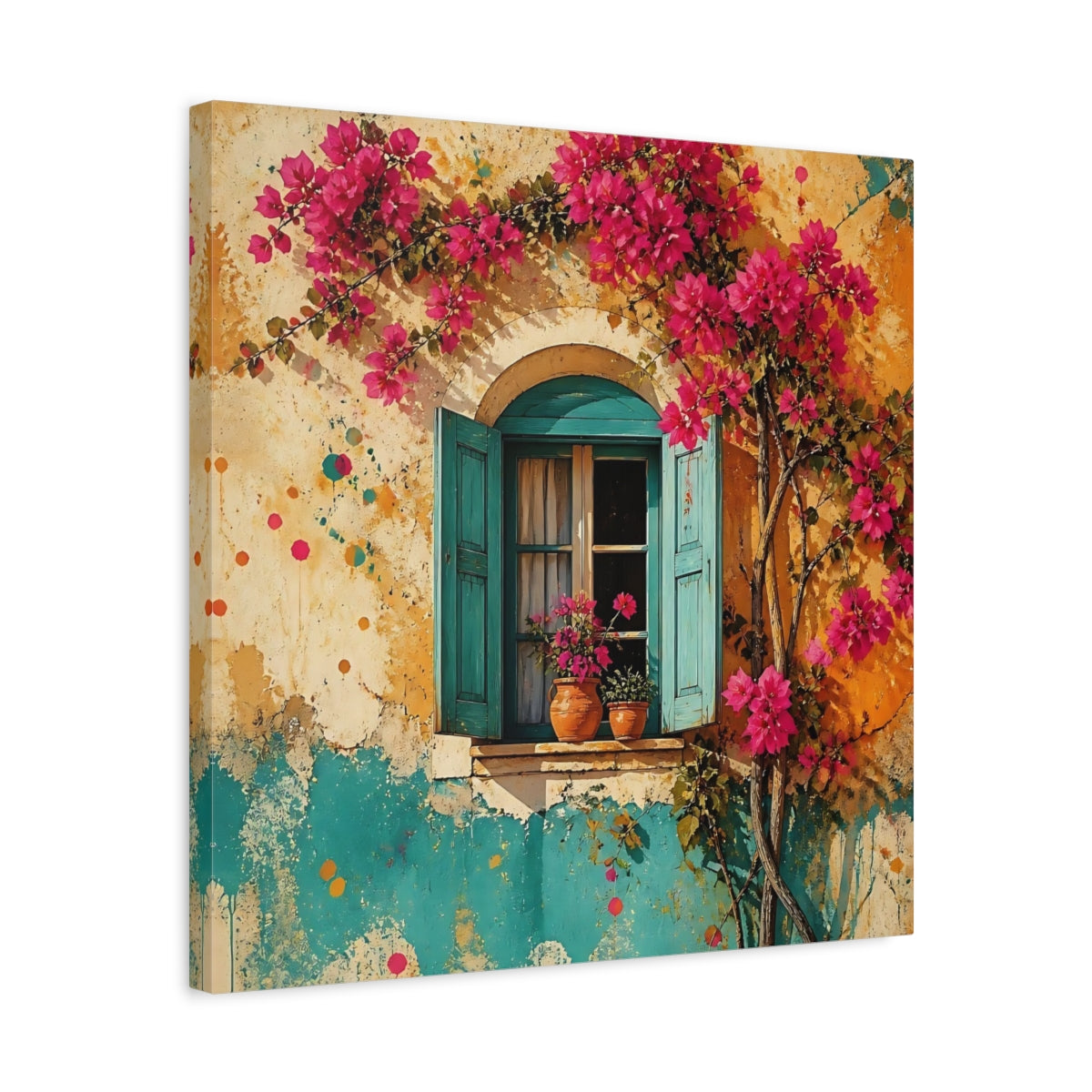 Side Mockup 5. Turquoise Window With Bougainvillea shown as canvas print