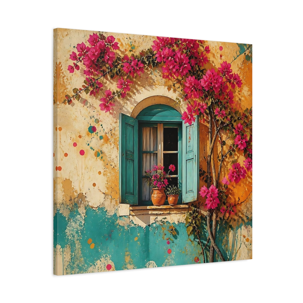 Side Mockup 3. Turquoise Window With Bougainvillea shown as canvas print