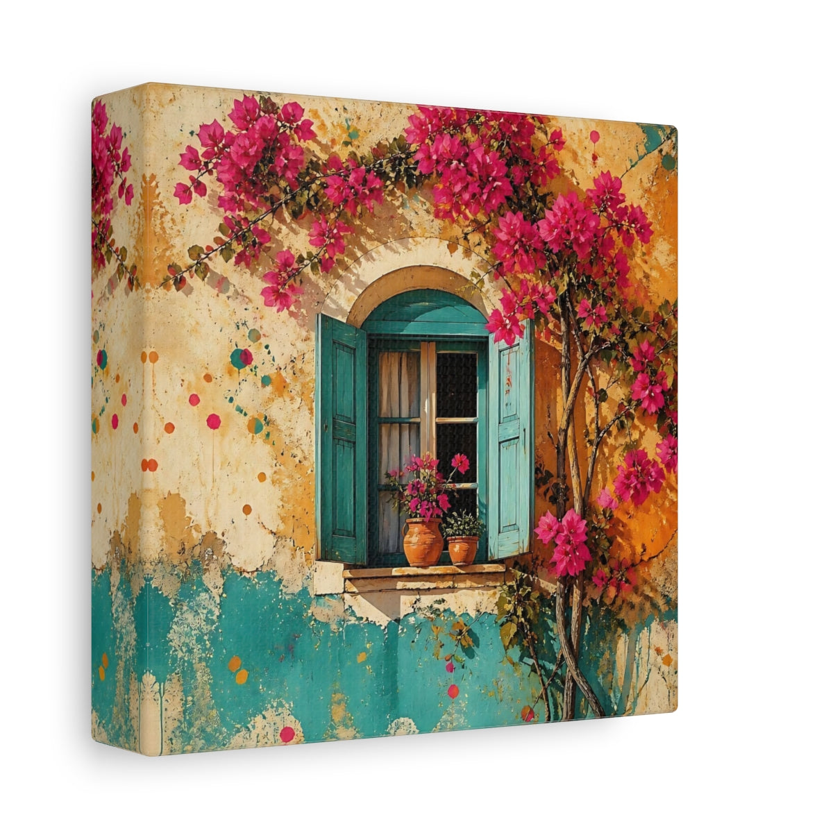 Side Mockup 2. Turquoise Window With Bougainvillea shown as canvas print
