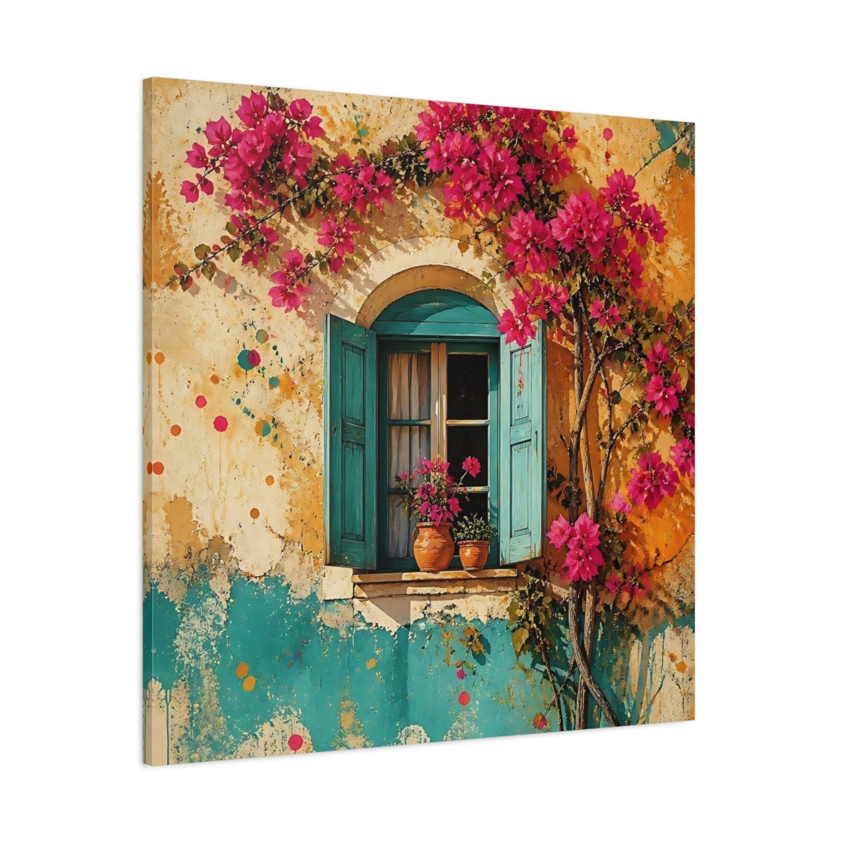 Side Mockup 1. Turquoise Window With Bougainvillea shown as canvas print