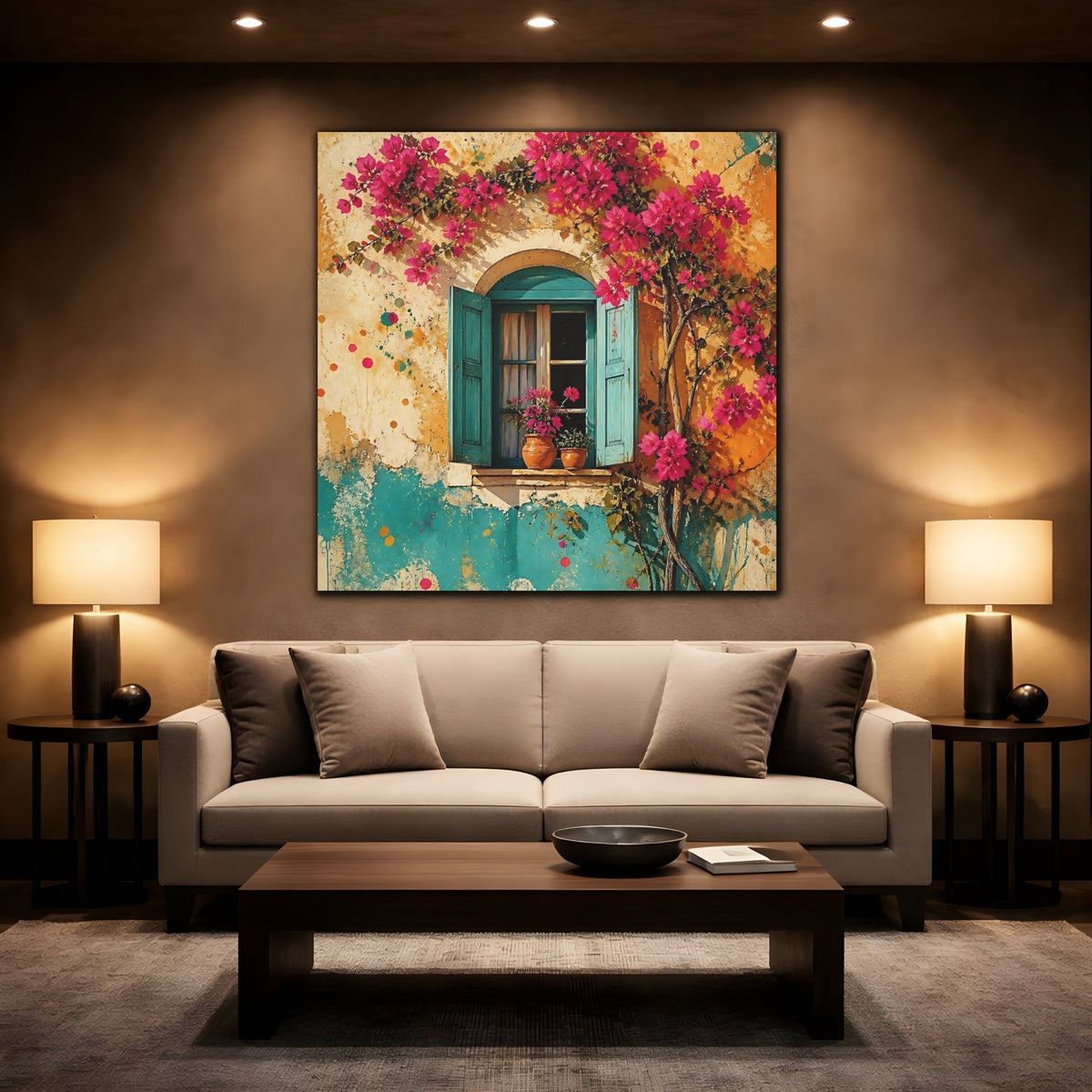 Mockup 2. Turquoise Window With Bougainvillea shown as canvas print
