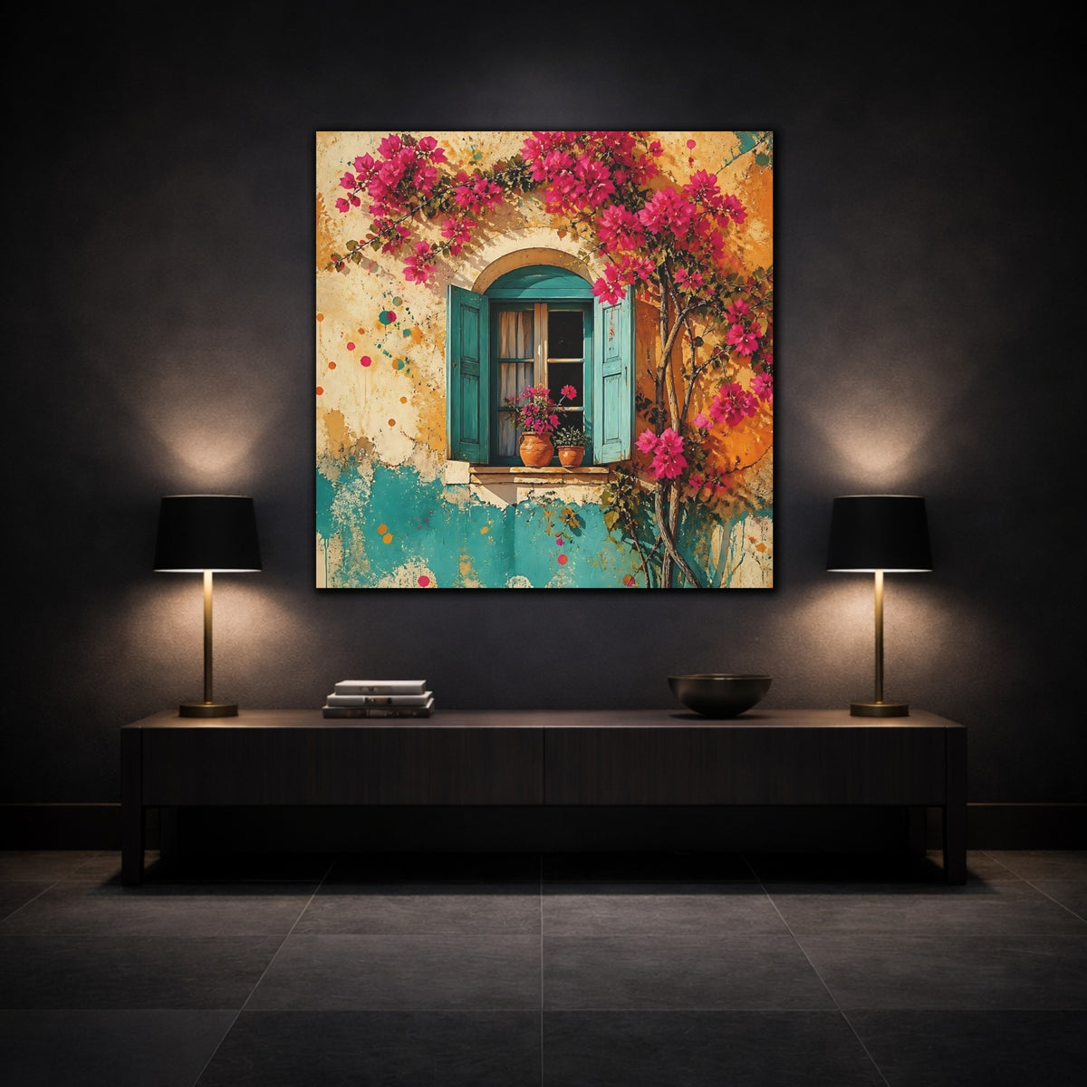 Mockup 3. Turquoise Window With Bougainvillea shown as canvas print