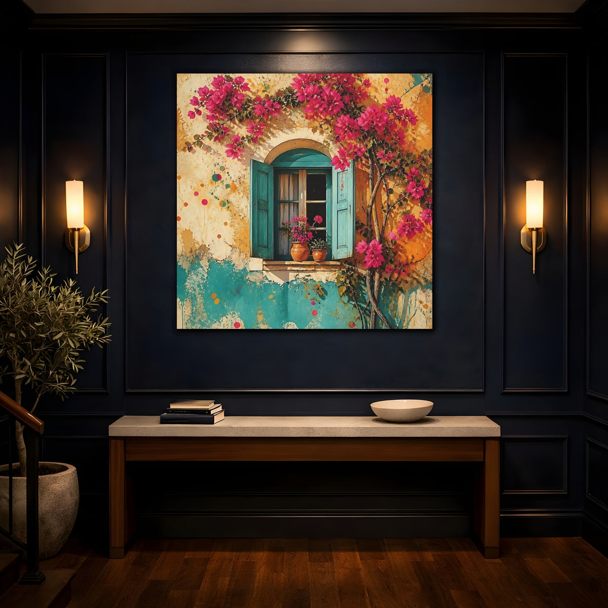 Mockup 4. Turquoise Window With Bougainvillea shown as canvas print
