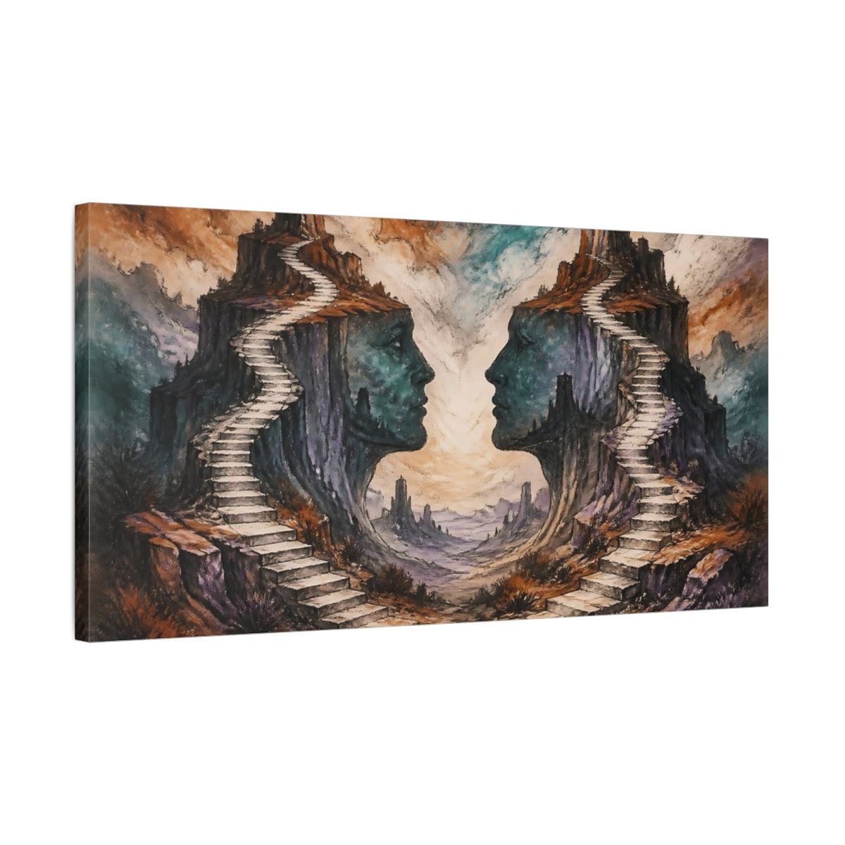 Side Mockup 1. Twin Rock Faces Stairway shown as canvas print