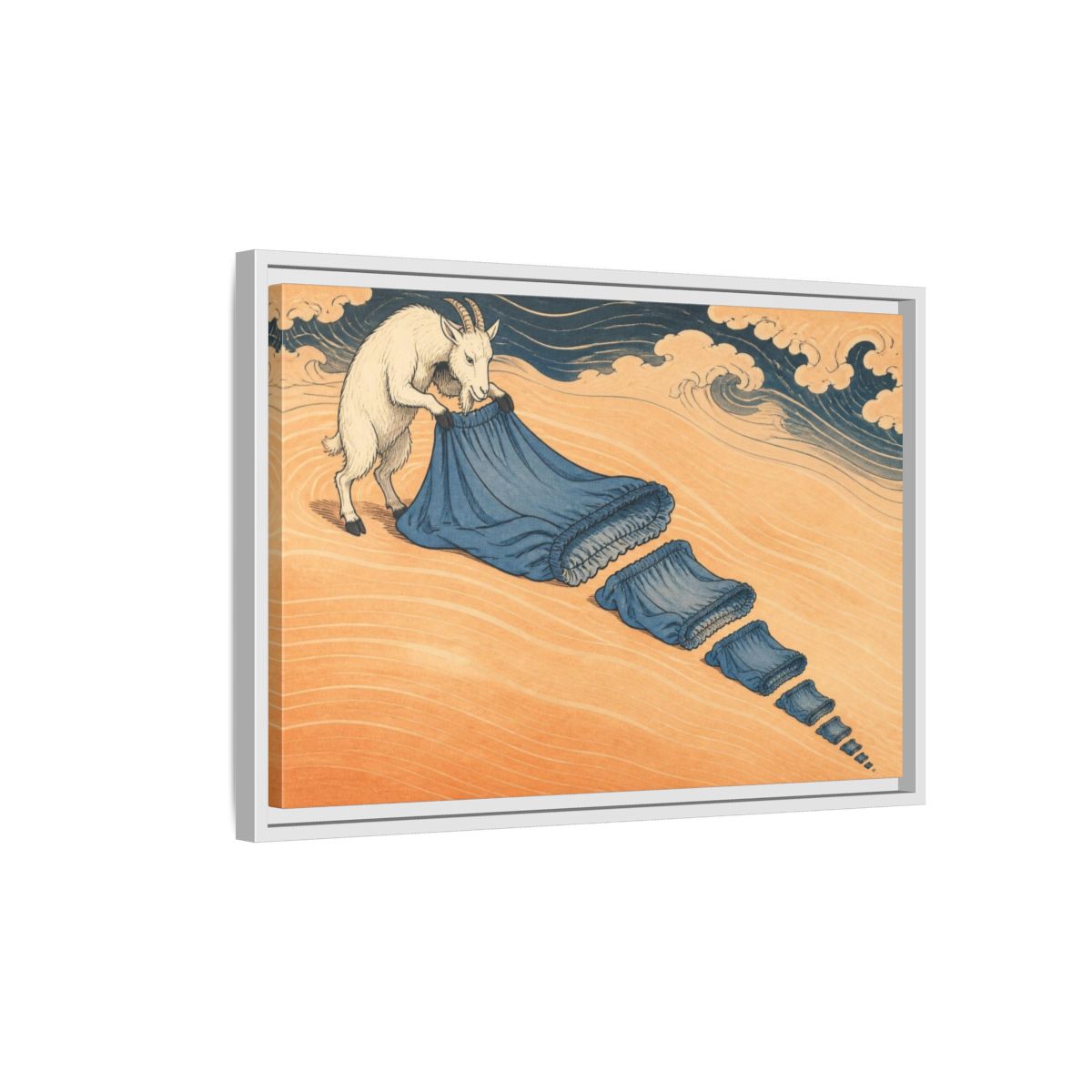 Side Mockup 1. Ukiyo-E Goat Folding Sheet shown as framed canvas print