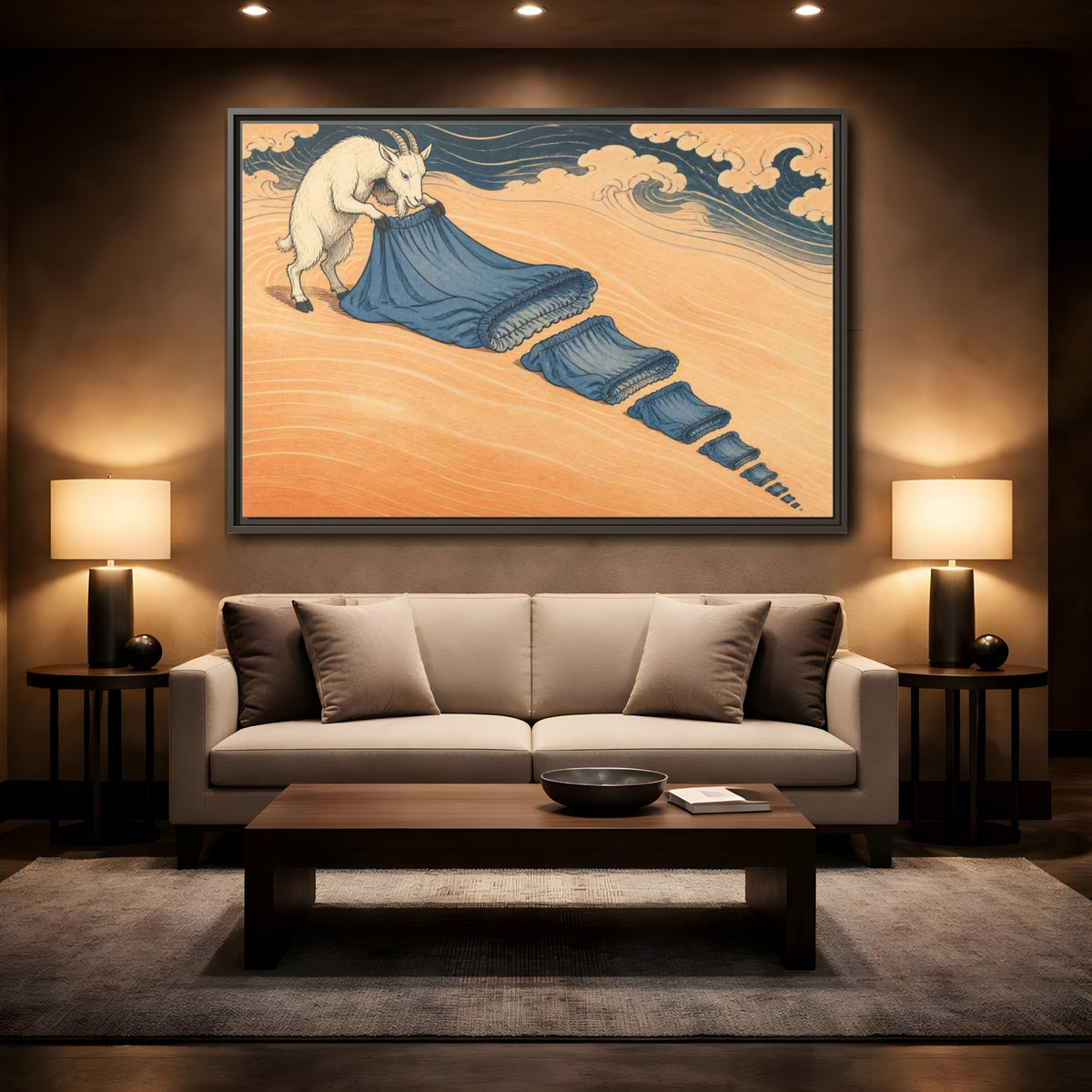 Mockup 2. Ukiyo-E Goat Folding Sheet shown as framed canvas print