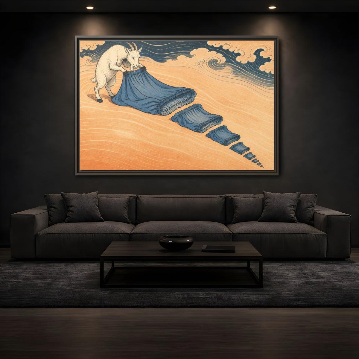 Mockup 3. Ukiyo-E Goat Folding Sheet shown as framed canvas print