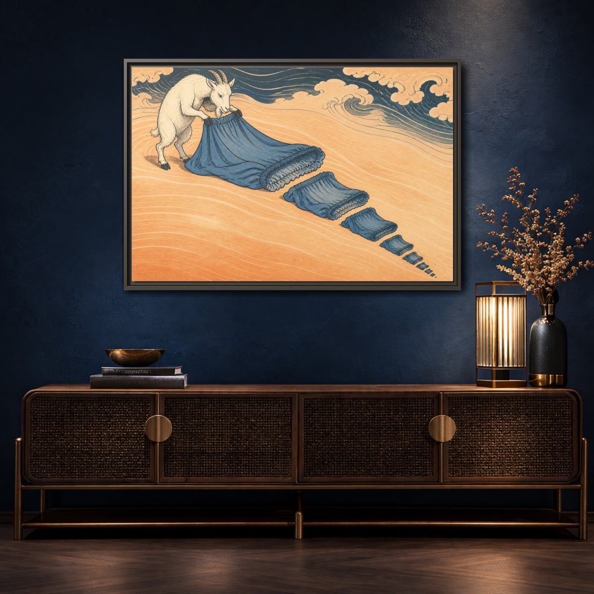 Mockup 4. Ukiyo-E Goat Folding Sheet shown as framed canvas print