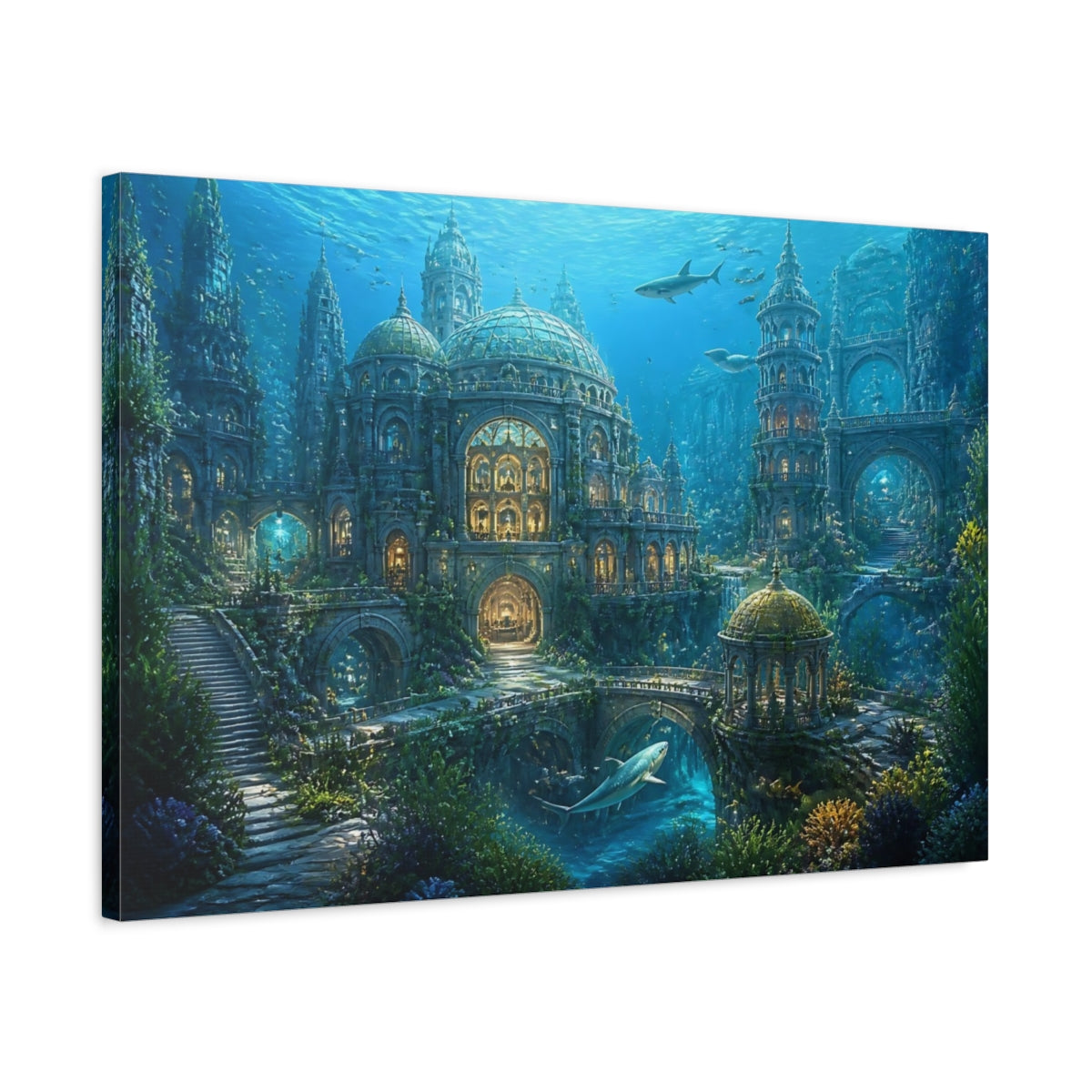 Side Mockup 2. Underwater City Of Lights shown as canvas print