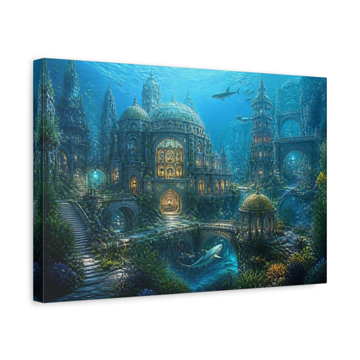 Side Mockup 4. Underwater City Of Lights shown as canvas print