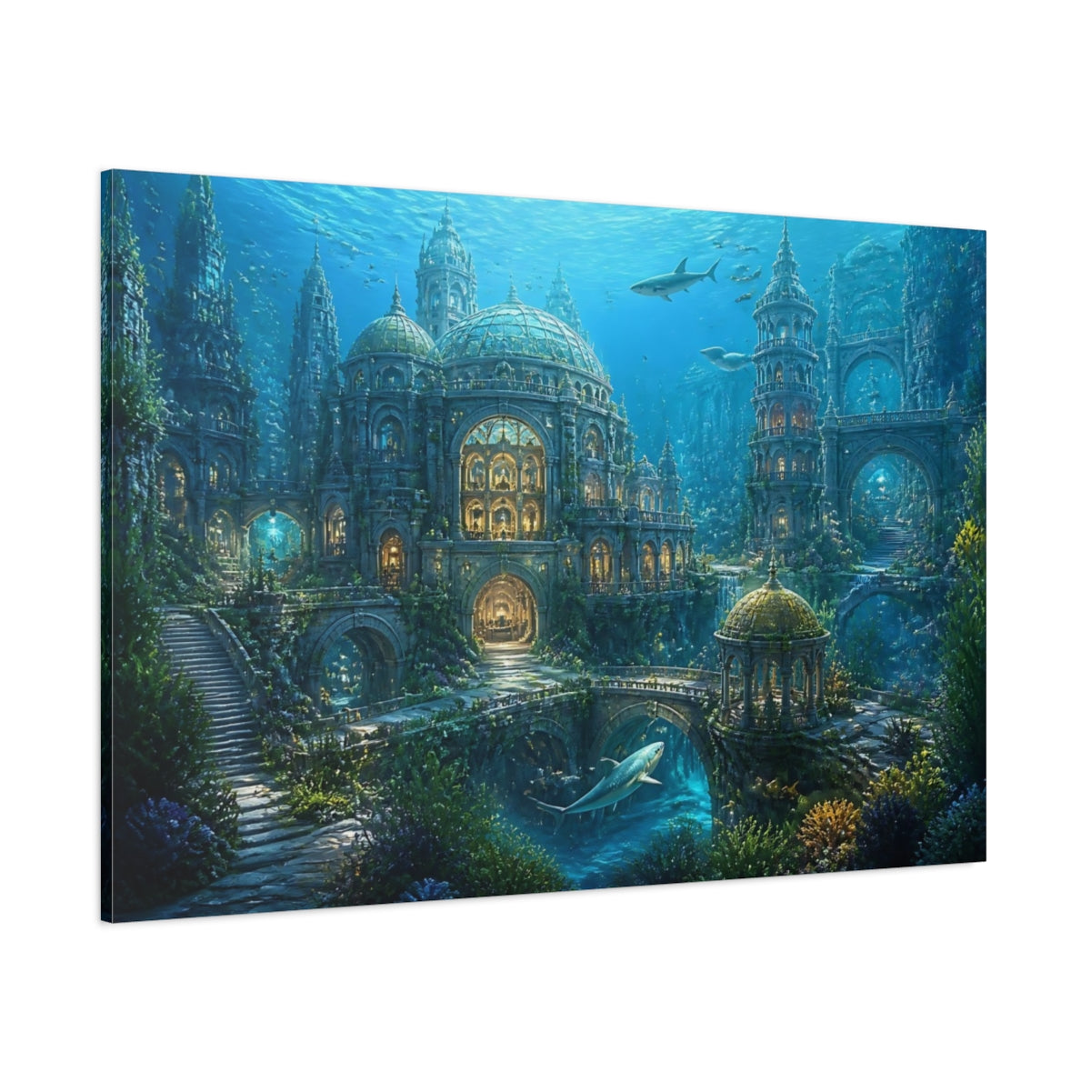 Side Mockup 1. Underwater City Of Lights shown as canvas print