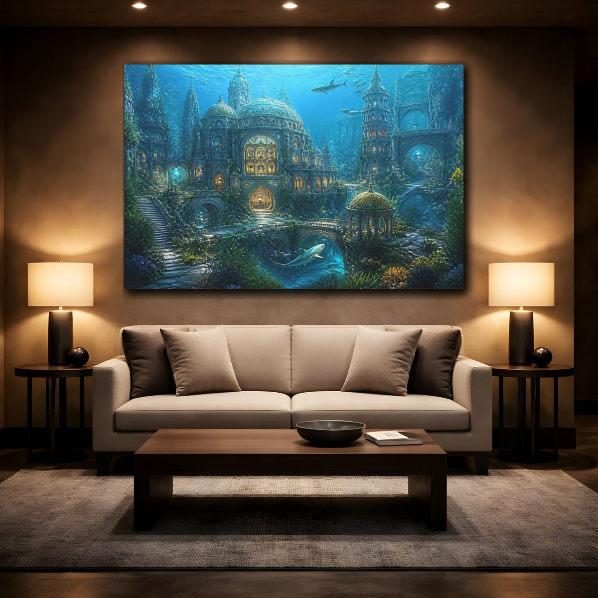Mockup 2. Underwater City Of Lights shown as canvas print