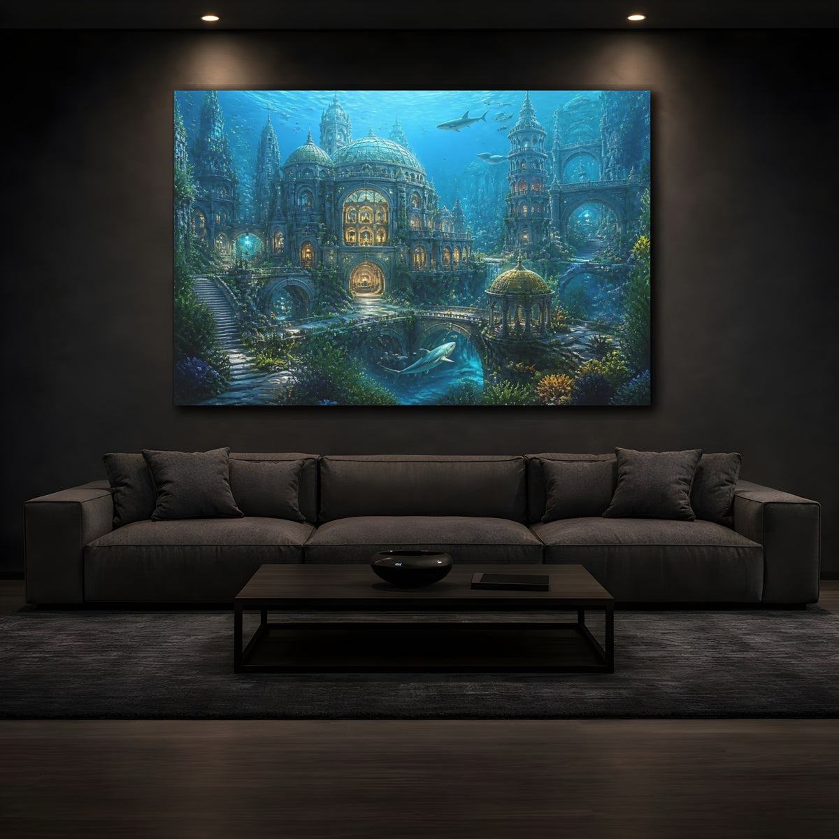 Mockup 3. Underwater City Of Lights shown as canvas print