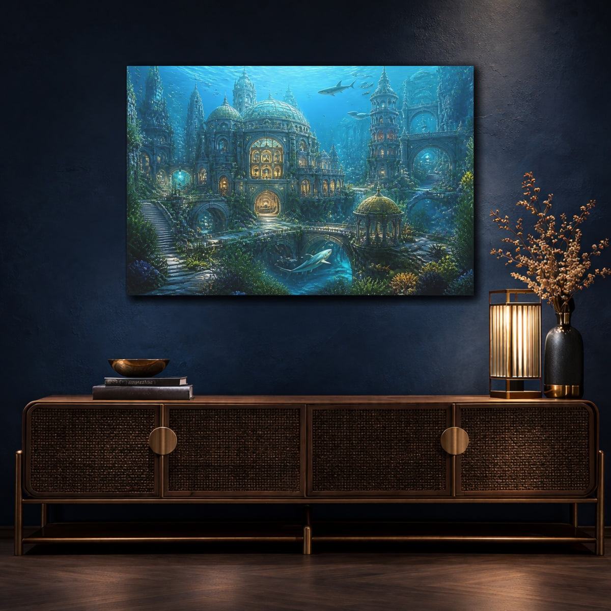 Mockup 4. Underwater City Of Lights shown as canvas print