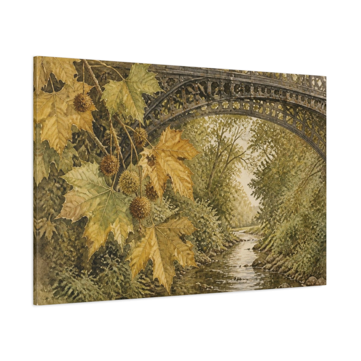 Side Mockup 1. Vintage Botanical Plane Leaves shown as canvas print