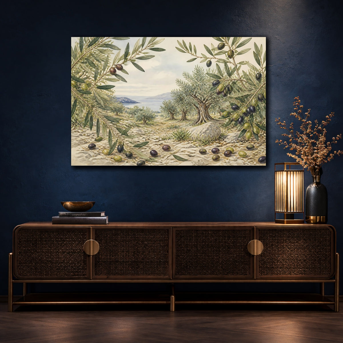 Mockup 4. Vintage Olive Branches shown as canvas print