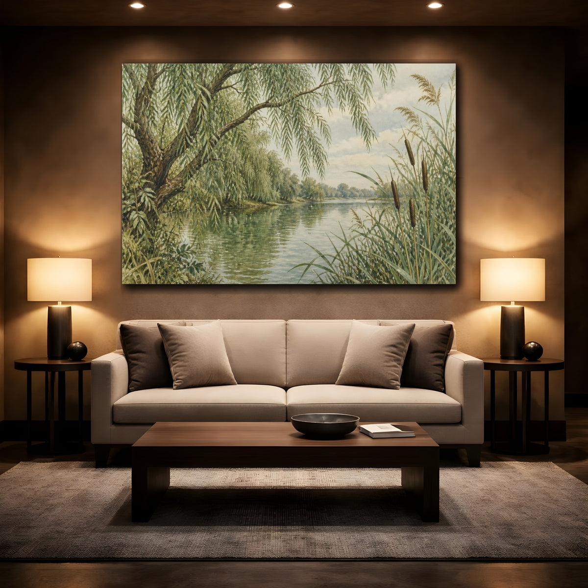 Mockup 2. Vintage Willow River Scene shown as canvas print